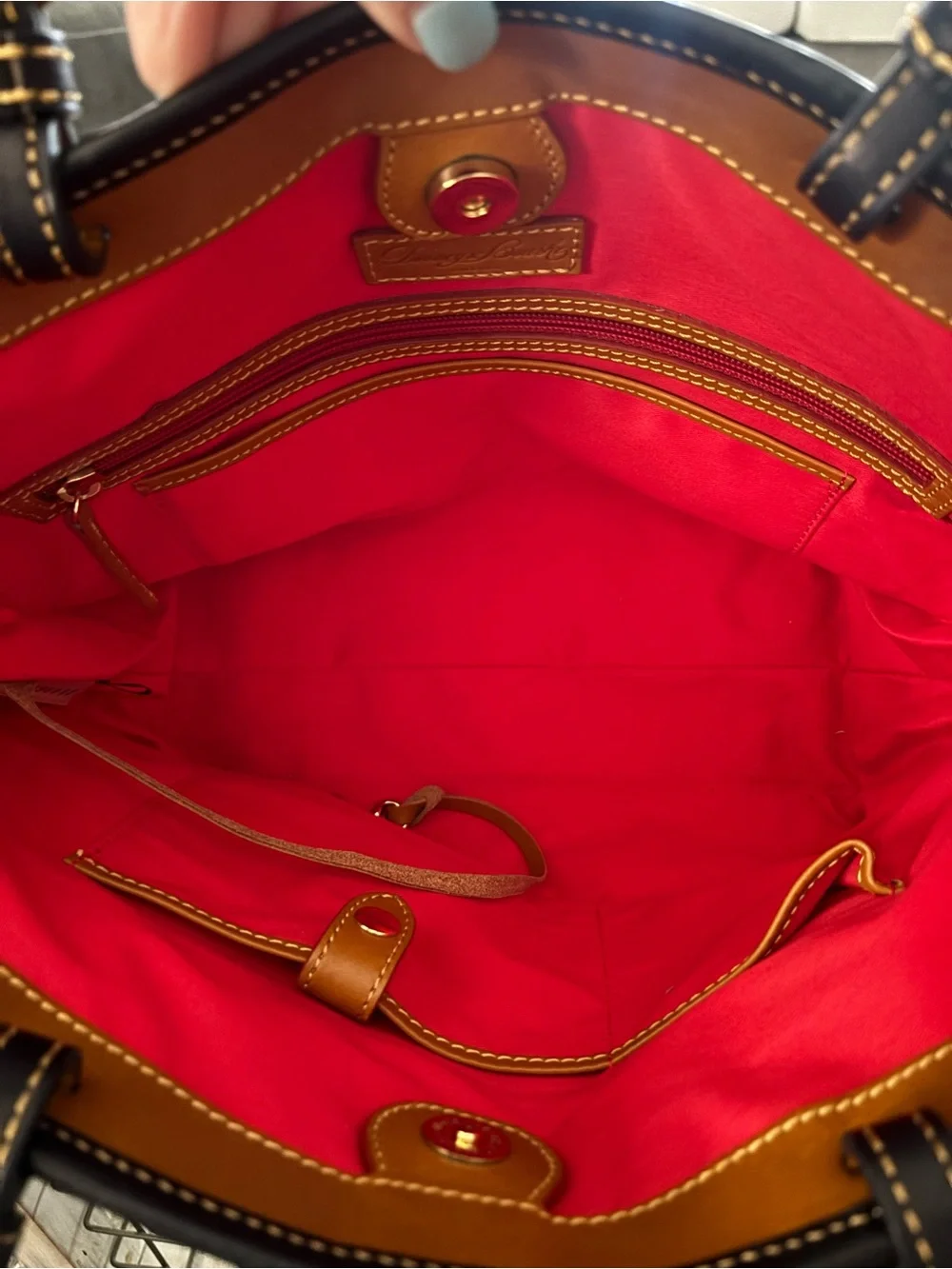 Dooney & Bourke Navy Logo Tote with Tan and Black Accents